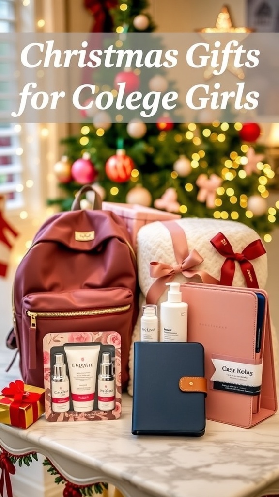 A collection of Christmas gifts for college girls including a backpack, blanket, skincare set, and planner on a festive table.